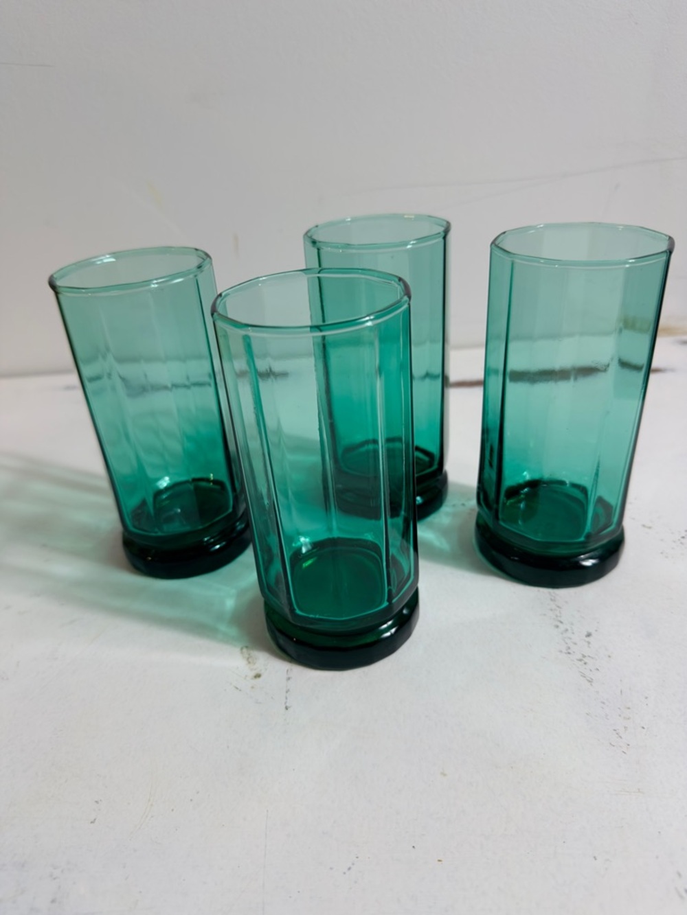 (4) Vintage Anchor Hocking "Essex" Green glass tumbler 10 -sided  design 12 oz